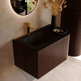 Mondiaz Kurve 75cm badmeubel ronding rechts ruby met 1 lade en deur en wastafel grunne kraangat links urban