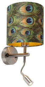 Stoffen LED Moderne wandlamp staal met leeslamp en kap velours 20/20/20 pauw - goud Modern E27 rond Binnenverlichting Lamp