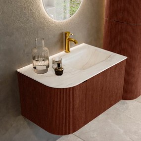 Mondiaz Kurve-dlux 75cm badmeubel ronding links ruby met 1 lade en deur en wastafel grunne kraangat rechts ostra