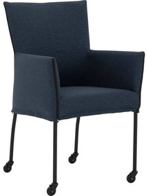 Goossens Eetkamerstoel Funk Zwarte Poten blauw stof met armleuning en Zwart skater wiel met zwarte kapmet wielen, modern design