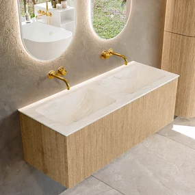 Mondiaz Kurve-dlux 120cm badmeubel oak met 1 lade en wastafel leaf dubbel zonder kraangat ostra