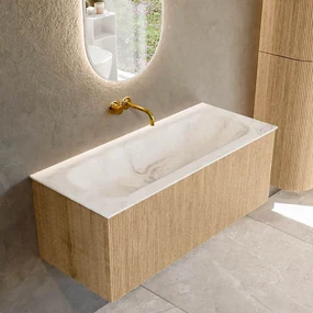 Mondiaz Kurve-dlux 110cm badmeubel oak met 1 lade en wastafel big medium midden zonder kraangat frappe