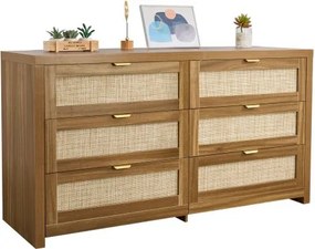 VEVOR Rattan Commode met 6 Laden en Metalen Handgreep, Moderne Rattan Kast voor Slaapkamer, Woonkamer, Hal (144,5 x 45 x 79,5 cm) Kledingkast met Laden Walnoot