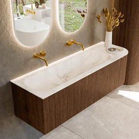 Mondiaz Kurve-dlux 145cm badmeubel ronding rechts walnut met 1 lade en deur en wastafel big large links zonder kraangat frappe