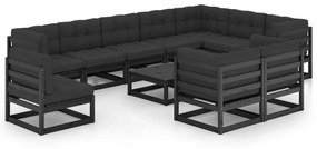 vidaXL 11-delige Loungeset met kussens massief grenenhout zwart