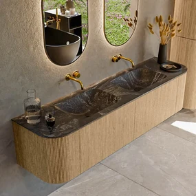Mondiaz Kurve-dlux 180cm badmeubel ronding links/rechts oak met 2 lades en deuren en wastafel leaf dubbel zonder kraangat lava