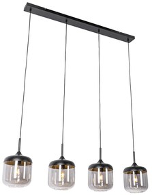 Design hanglamp zwart met goud en smoke glas 4-lichts - Kyan