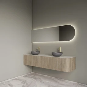 Gliss Design Alluro badmeubel ribbelfront met ronding rechts 180cm corn silk en wit marmer toppaneel
