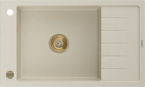 Mexen Elias granitische spoelbak met 1 bak en afdruiprek 795 x 480 mm, beige, gouden sifon - 6511791005-69-G