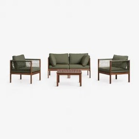Woonkamerset Met 2-delige Modulaire Bank Met Armleuningen, 2 Fauteuils En Salontafel In Branson Acaciahout Intens Olijfgroen - Donker Acaciabruin -