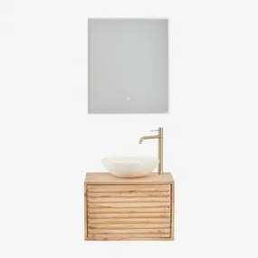 Deleyna Wandgemonteerde Houten Badkamermeubelset Natuurlijk Hout & Rond Cement Wit Ø40 Cm Zavion & Rechthoekige Led En Anticondens 60x70 Cm Tamsin -