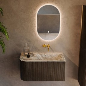Mondiaz Kurve-dlux 85cm badmeubel ronding links shadow met 1 lade en deur en wastafel cloud rechts zonder kraangat glace