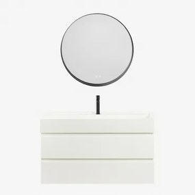 Ona Zwevend Badkamermeubelset Van Hout En Essenfineer Met Geïntegreerde Wastafel Wit & Round Led And Antifog Zwart Ø80 Cm Kimacs & - Sklum