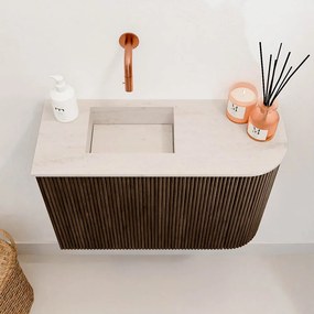 Mondiaz Joya DLux 60cm toiletmeubel ronding rechts walnut met wastafel faye links zonder kraangat meli
