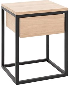 Goossens Nachtkastje Ord, Metaal ral 9005 zwart, met lade en bovenblad massief eik, 40 x 35 x 57 cm hoog