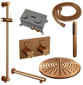Brauer Copper Carving thermostatische inbouw regendouche met staafhanddouche, rechte muurarm, glijstang en hoofddouche 30cm set 62 koper geborsteld PVD