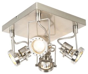 Industriële Spot / Opbouwspot / Plafondspot staal 4-lichts draai- en kantelbaar - Suplux Industriele / Industrie / Industrial, Modern GU10 vierkant Binnenverlichting Lamp