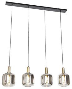 Design hanglamp zwart met goud en smoke glas 4-lichts - Zuzanna