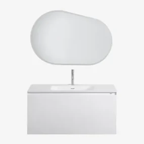 Macrae Houten Badkamermeubelset Met Geïntegreerde Wastafel Wit & Ovaal Led En Anticondens 100x65 Cm Meunier & Geborsteld Grijs - Sklum