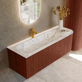 Mondiaz Kurve-dlux 135cm badmeubel ronding rechts ruby met 1 lade en deur en wastafel big medium kraangat links glace