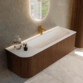 Mondiaz Kurve 135cm badmeubel ronding links walnut met 1 lade en deur en wastafel big medium kraangat rechts