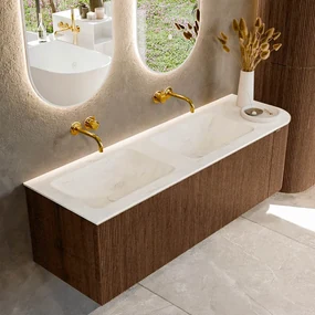 Mondiaz Kurve-dlux 145cm badmeubel ronding rechts walnut met 1 lade en deur en wastafel leaf dubbel/links zonder kraangat opalo