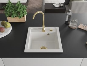 Mexen Vito 1-komerige granieten gootsteen 520 x 490 mm, wit, gouden sifon - 6503521000-20-G