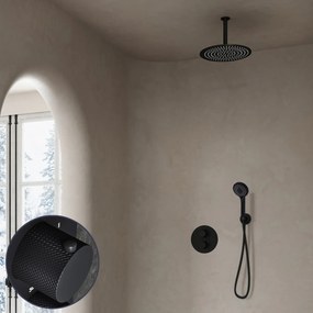 Saniclear Nero Curved inbouw regendouche rond met 30cm hoofddouche, plafondarm en 3 standen handdouche zwart mat