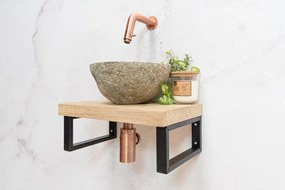 Saniclear Baru fonteinset met eiken plank, rivierstenen waskom en koperen kraan voor in het toilet