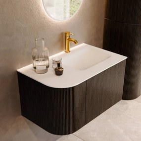 Mondiaz Kurve 75cm badmeubel ronding links shadow met 1 lade en deur en wastafel grunne kraangat rechts