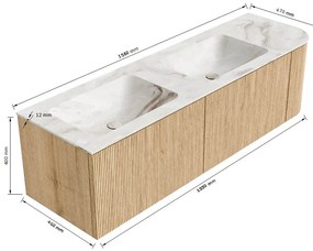 Mondiaz Kurve-dlux 155cm badmeubel ronding rechts oak met 2 lades en 1 deur en wastafel leaf dubbel/links zonder kraangat ostra