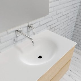 Zaro Sevilla Solid Surface badmeubel 150cm licht eiken zonder kraangat spoelbak rechts met 4 lades