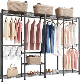 VEVOR Kledingrek (verstelbaar) met 4 kledingstangen en een draagvermogen van 499 kg en 10 planken, stevige open kledingkast voor slaapkamer, kledingwinkel, garderobe, hal