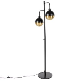 Industriële vloerlamp zwart met messing 2-lichts - Haicha