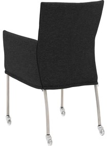 Goossens Eetkamerstoel Funk RVS Poten antraciet stof met armleuning en met wielenTransparant skater wiel met rvs kap, modern design