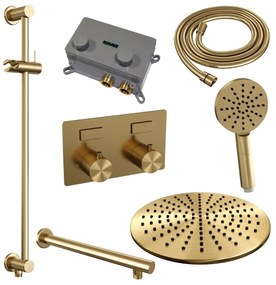 Brauer Gold Carving thermostatische inbouw regendouche met 3 standen handdouche, rechte muurarm, glijstang en hoofddouche 30cm set 68 messing geborsteld PVD