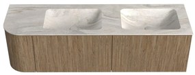 Mondiaz Kurve-dlux 155cm badmeubel ronding links dusk met 2 lades en 1 deur en wastafel leaf dubbel/rechts zonder kraangat ostra