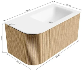 Mondiaz Kurve 85cm badmeubel ronding links oak met 1 lade en deur en wastafel cloud rechts zonder kraangat urban