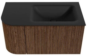 Mondiaz Kurve 85cm badmeubel ronding links walnut met 1 lade en deur en wastafel cloud kraangat rechts urban
