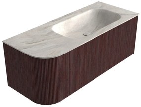 Mondiaz Kurve-dlux 115cm badmeubel ronding links ruby met 1 lade en deur en wastafel big small rechts zonder kraangat ostra