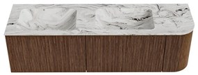 Mondiaz Kurve-dlux 155cm badmeubel ronding rechts walnut met 2 lades en 1 deur en wastafel leaf dubbel/links zonder kraangat glace