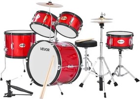 VEVOR Drumset, 5-delig drumstel voor beginners, inclusief bastrommel, snaredrum, tomtoms, floortom, crashbekkens, hihat met standaard, muziekleerinstrumentset, voor kinderen van 6-13 jaar (rood)