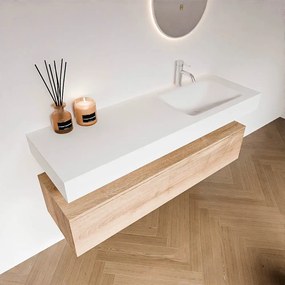 Zaro Alan badmeubel 140cm washed oak 1 lade met vrijhangende wastafel cloud rechts 1 kraangat talc
