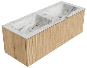 Mondiaz Kurve-dlux 120cm badmeubel oak met 1 lade en wastafel leaf dubbel 2 kraangaten glace