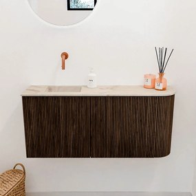 Mondiaz Joya DLux 90cm toiletmeubel ronding rechts walnut met wastafel faye links zonder kraangat frappe
