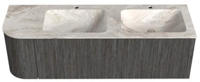 Mondiaz Kurve-dlux 145cm badmeubel ronding links shadow met 1 lade en deur en wastafel leaf dubbel/rechts 2 kraangaten frappe