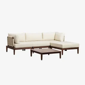 Tuinset Met Modulaire 3-delige Bank Met 2 Hoekfauteuils, Salontafel En Poef In Acacia Giulia Beige – Crème - Sklum