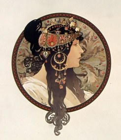 Kunstreproductie Byzantine head of a brunette; Tete byzantine d'une brunette, Alfons Mucha