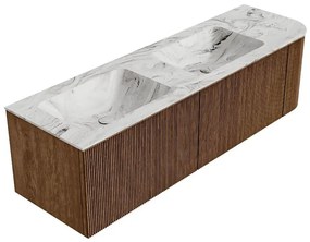 Mondiaz Kurve-dlux 155cm badmeubel ronding rechts walnut met 2 lades en 1 deur en wastafel leaf dubbel/links zonder kraangat glace