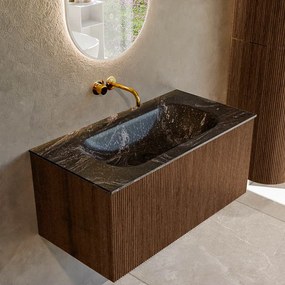 Mondiaz Kurve-dlux 90cm badmeubel walnut met 1 lade en wastafel big small midden zonder kraangat lava